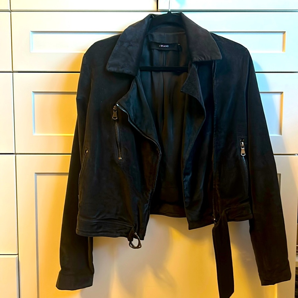 Cropped black suede moto jacket with self belt